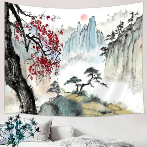 Big Japanese Mountain Scenery Cherry Trees Wall Tapestry Asian Nature Scene New - Picture 4 of 5